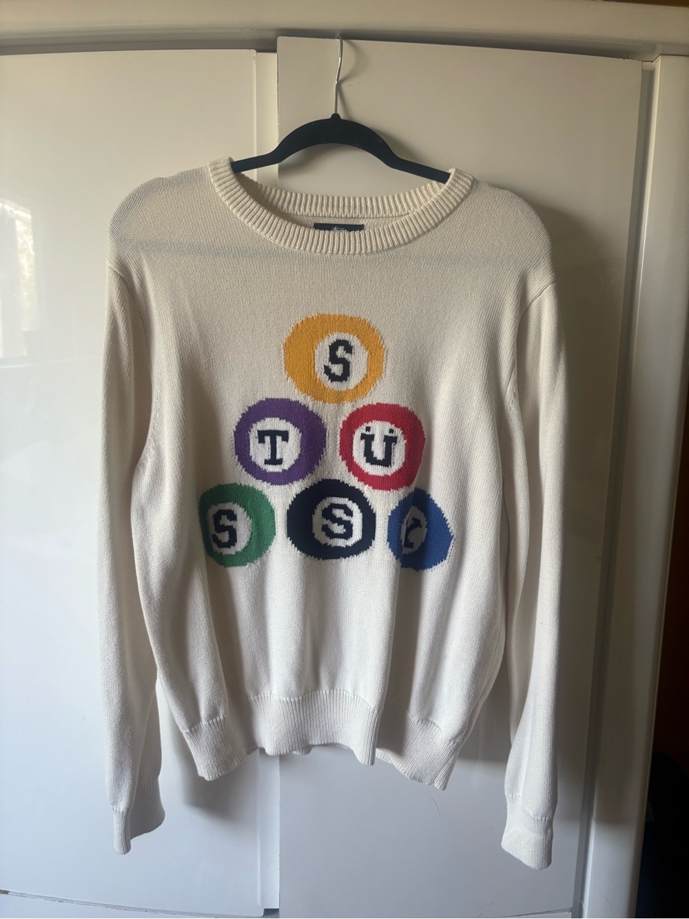 Stussy Cream Crewneck Sweater with Multicolor Ball Motif